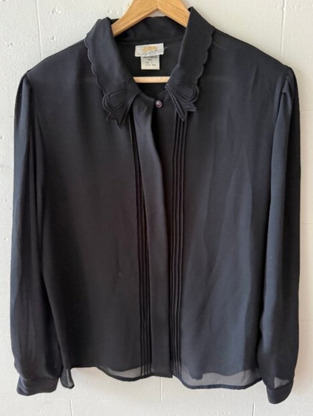 Vintage 80s Black Bow Collar Sheer Blouse Pintuck Pleated Elite Size 12